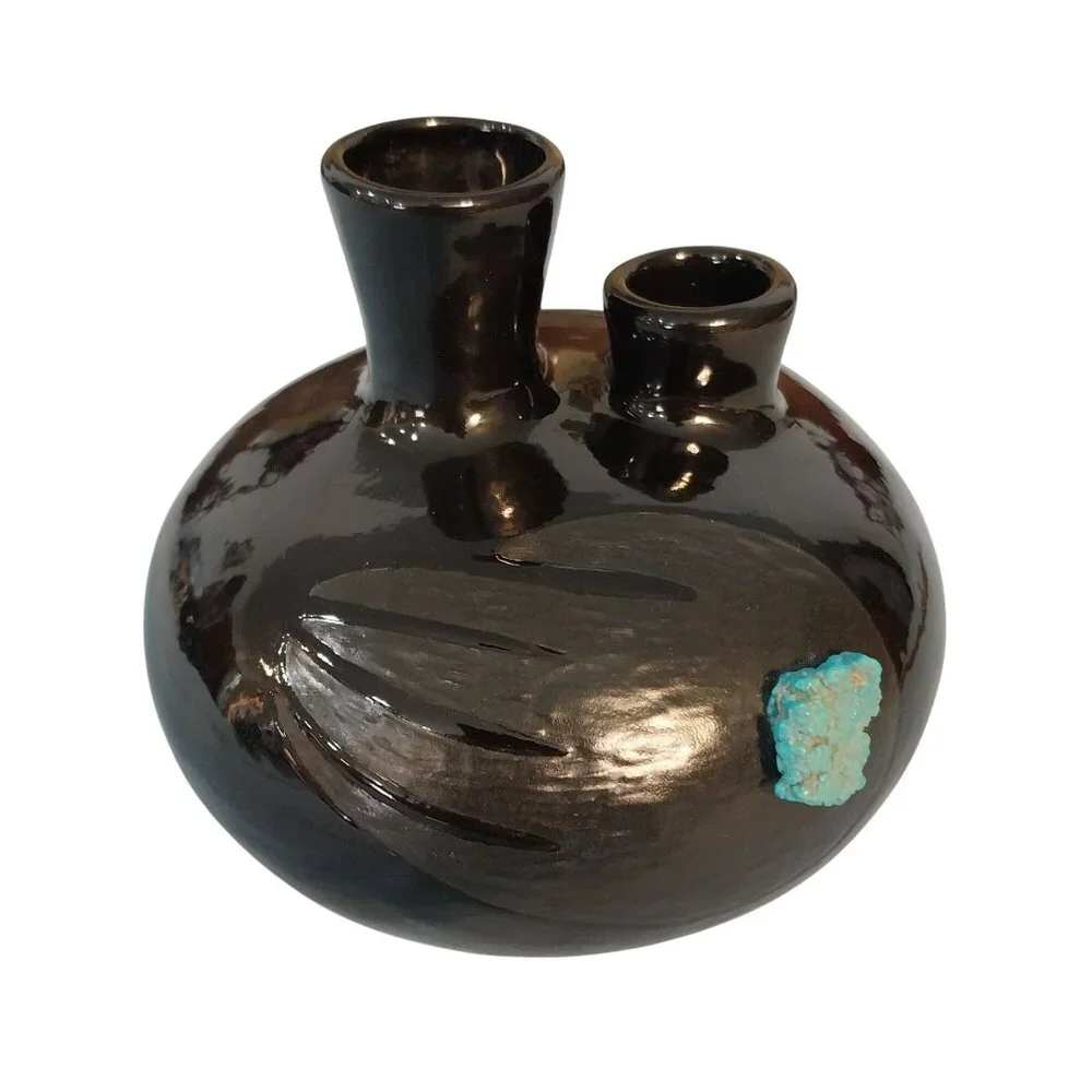 Black Double Spout Vase With Etched Bear Claw and Turquoise Colored Stones